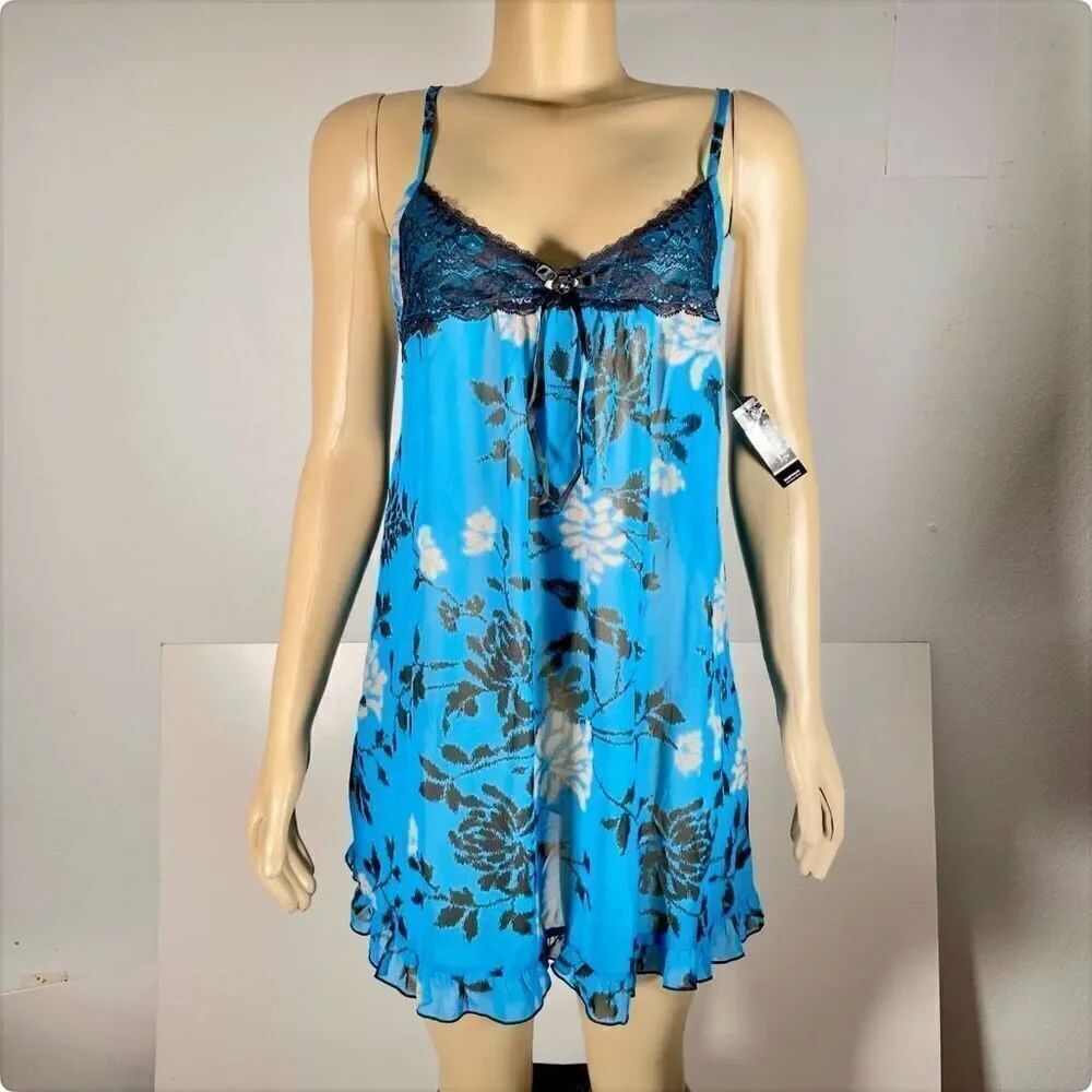 NWT GEORGE Sz L Blue & Black Floral Print Chiffon Top & Pantie Babydoll 2 Pc Set